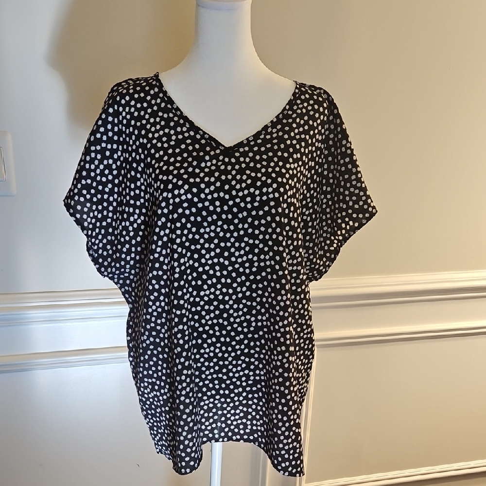 Elegant Black and White Polka Dot Pullover Blouse Womens Size XXL